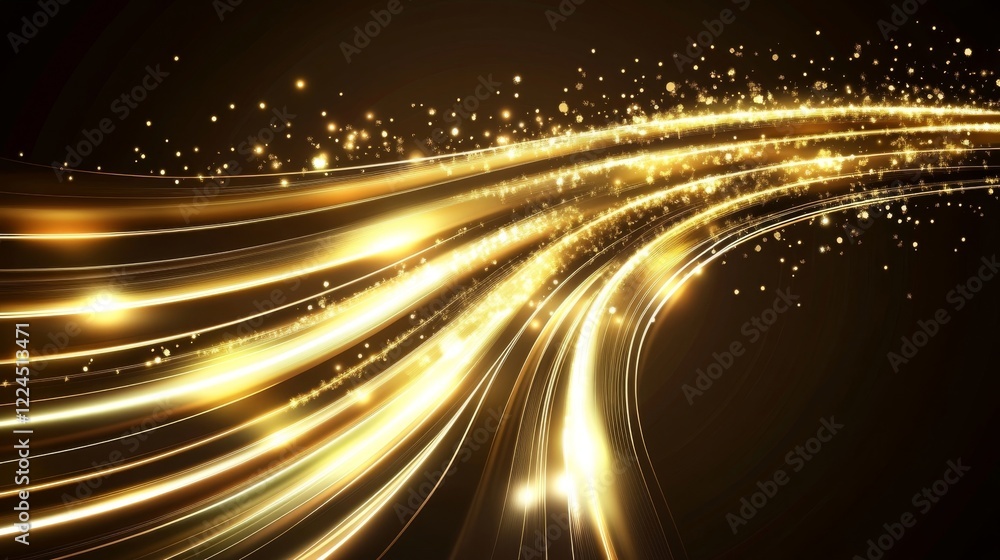 Poster golden abstract background with sparkling light trails and glowing particles