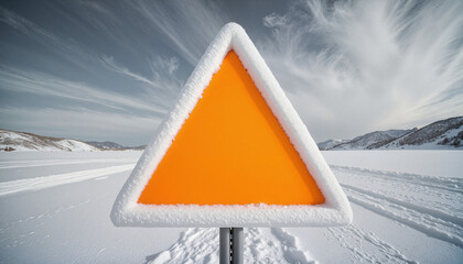 Brightly colored warning sign with frost in a snowy landscape under overcast sky, conveying cold urgency