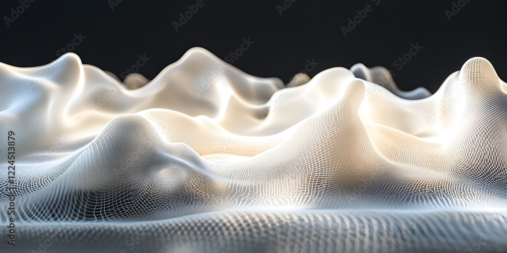 Poster abstract waveform landscape: a mesmerizing digital rendering of a flowing, abstract landscape, remin