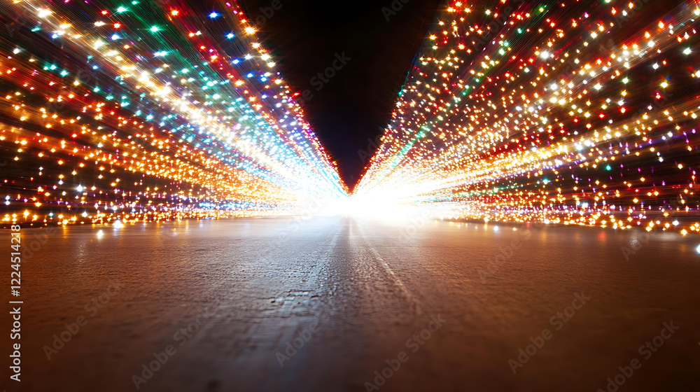 Wall mural abstract motion light tunnel with glowing neon lights creating radiant path on dark background and r