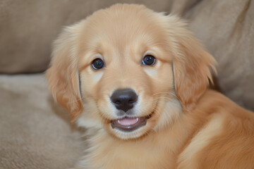 Golden Retriever Puppy Portrait: An adorable golden retriever puppy, with its charmingly fluffy fur and endearingly expressive eyes, gazes directly at the camera, inviting heartwarming connection.