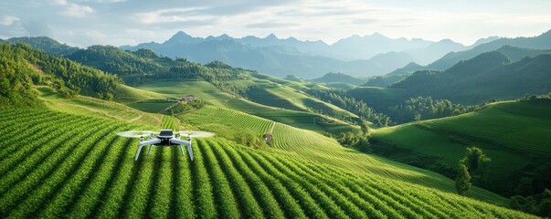 Fototapeta premium AI-Powered Drone Hovering Above a Scenic Landscape, Showcasing Advanced Technology in Action