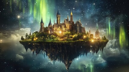 Fototapeta premium Floating island with a glowing castle, surrounded by vibrant auroras and sparkling stars at night