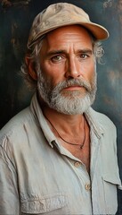 Mature man portrait, weathered face, studio, dark background, website profile