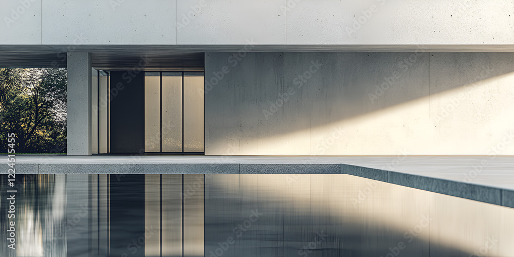 Poster modern minimalist architecture: sun-drenched concrete surfaces and a sleek infinity pool create a se