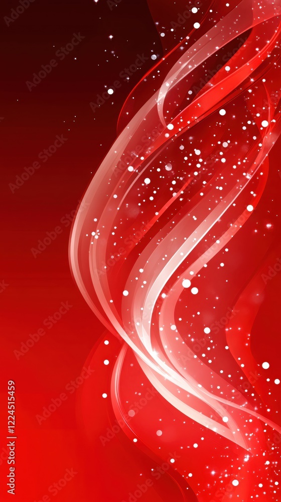 Poster abstract red background with flowing ribbons and white sparkles creating a festive mood