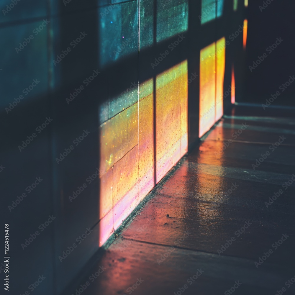 Poster colorful light reflections on a wall and floor creating a vibrant abstract pattern