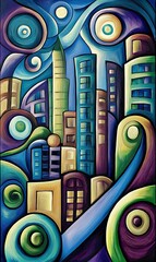 Abstract cityscape at night with swirling patterns and bright colors