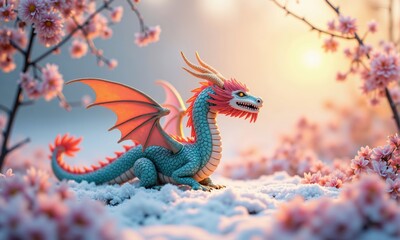 Fototapeta premium Teal and Pink Dragon Figurine in Snowy Cherry Blossom Setting