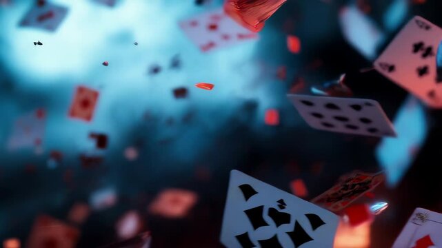 Colorful Playing Cards Scatter in the Air Under Dramatic Lighting Effects During a Game Night. Generative AI
