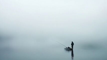 Solitude and Stillness: A Fisherman in the Misty Lake