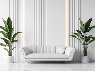 Elegant interior with white sofa and plants against a textured wall and marble floor