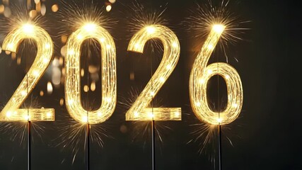 Bright 2026 numbers made of sparklers light up the night sky, celebrating the arrival of the new year with a festive firework display video 4k