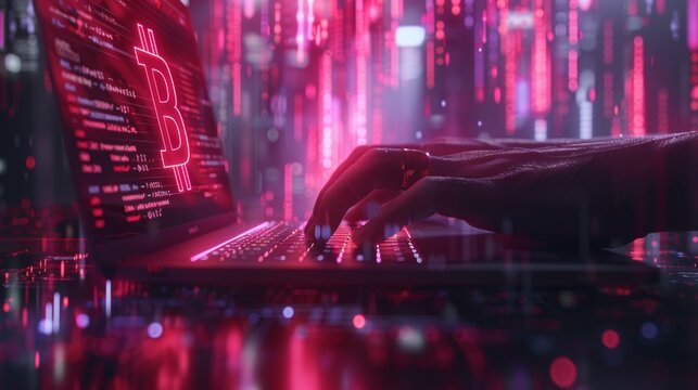 Person typing on laptop keyboard with illuminated bitcoin symbol and soft bokeh background effect