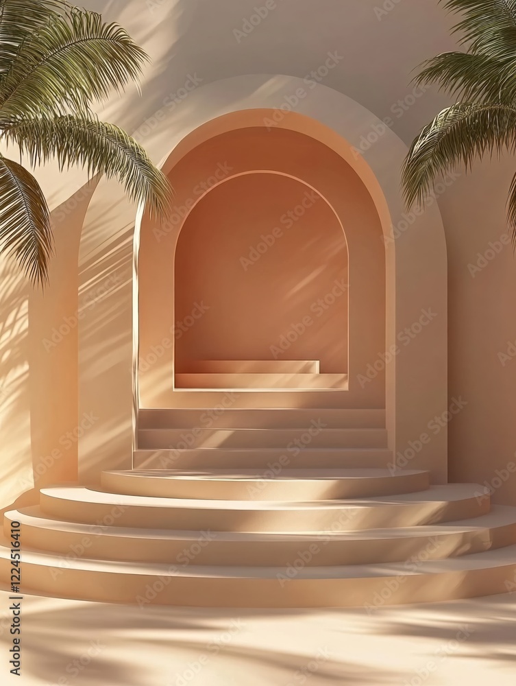 Aufkleber minimalist architecture with arches and steps in warm tones and palm tree shadows creating a serene 