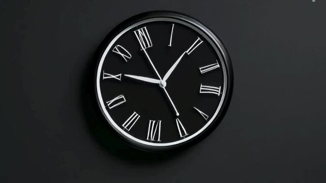 Black Wall Clock with Roman Numerals on a Black Background

