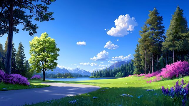 Serene Summer Landscape with Lush Greenery and Majestic Mountains