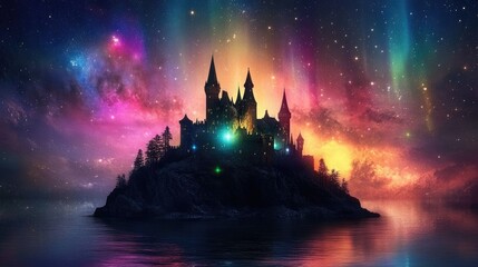Naklejka premium Magical castle on an isolated island glowing with northern lights and stars in a colorful night sky