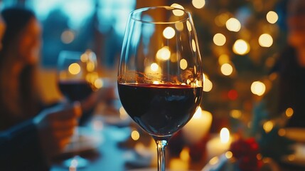 Glass of red wine at a festive dinner table with blurred lights and people in the background