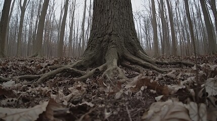 Obraz premium Majestic tree roots, winter forest, leaf litter, low angle