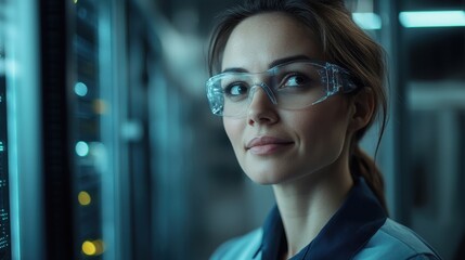 Professional Female IT Specialist Working in a Modern Server Room
