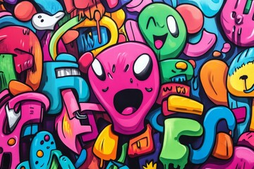 Vibrant cartoon monsters in abstract chaos. Neural network AI generated