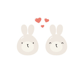 Сute rabbits with hearts. Isolated on white background. Valentine's day design. For card, posters, stickers, banners, printing on the pack, printing on clothes, fabric, wallpaper.