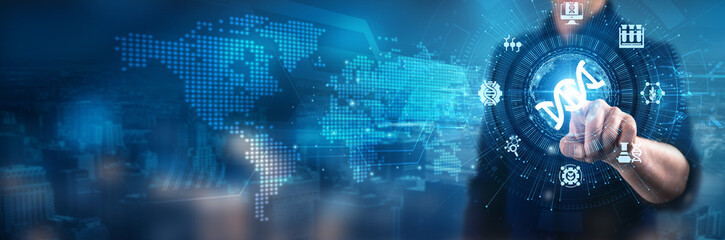 Biotechnology. Businessman touching biotechnology interface network development technology business...