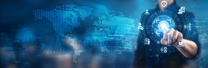 Biometric. Businessman touching fingerprint recognition systems, facial identification technology, iris scanning devices, biometric authentication methods, voice verification, secure access controls.