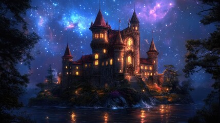 Obraz premium Majestic fantasy castle on an island bathed in northern lights and twinkling stars at night