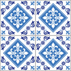 Lisbon inspired Azulejo tile seamless vector pattern in navy blue - Spanish and Portuguese art perfect for textile and fabric print