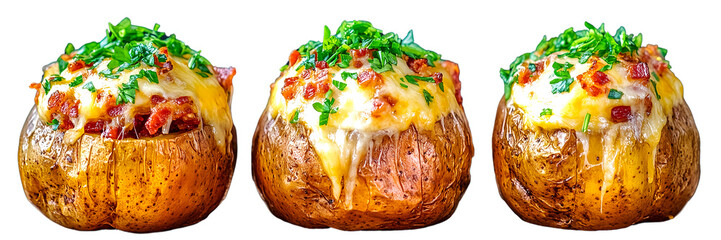 Three cheesy baked potatoes, bacon bits, and parsley garnish. Delicious!