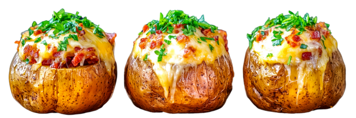 Three cheesy baked potatoes, bacon bits, and parsley garnish. Delicious!