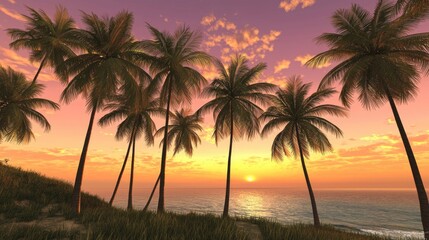 Tropical Sunset Palm Trees Ocean Beach Scene