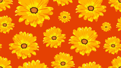 Vector seamless pattern of beautiful Marigold Calendula flower blooming. Suitable for background, wrapping, fabric texture pattern. Yellow flower pattern