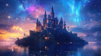 Majestic fantasy castle on an island bathed in northern lights and twinkling stars at night
