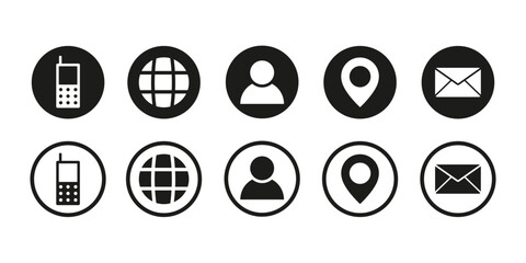 Set of contact us icons with phone, location, globe and mail symbols. Web icon set. Contact information icons for business cards and website. Vector illustration isolated on white background. 