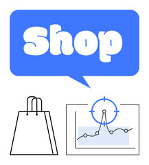 Speech bubble with Shop, minimal shopping bag icon, and data chart with growth and target focus marker. Ideal for e-commerce, retail, marketing, data analytics, business planning, sales strategies