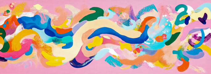 Fototapeta premium Joyful Abstract Painting: Vibrant Swirls of Color on Pink Canvas