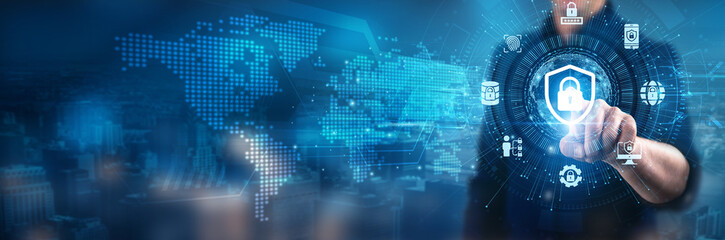 Businessman touching cybersecurity principles, confidentiality measures, integrity protocols,...