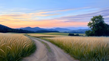 Serene Sunset Landscape Over Rolling Hills and Wheat Field