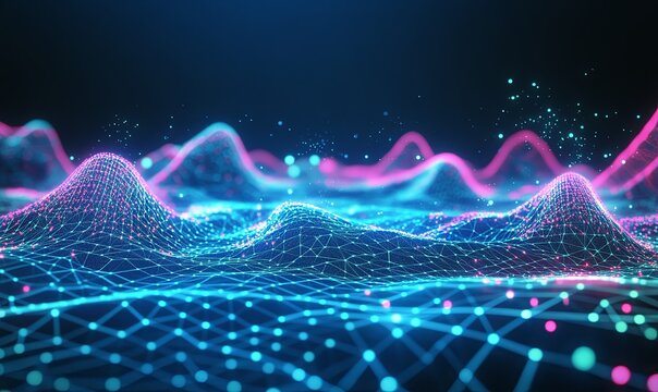Abstract neon landscape with glowing grid and data points