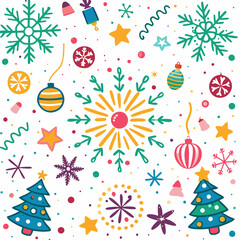 Festive Christmas and New Year pattern with colorful ornaments, snowflakes, and stars.