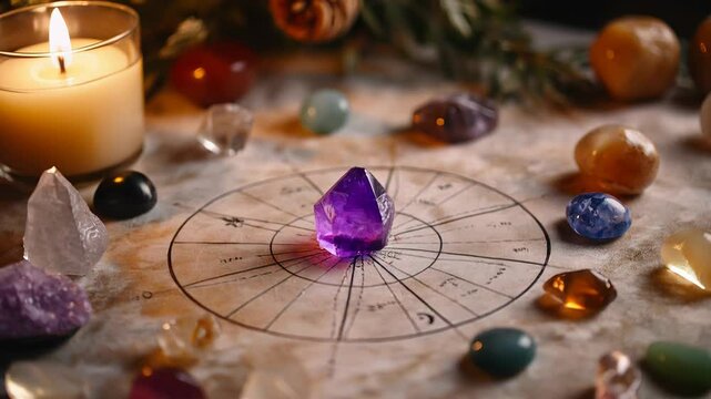 Amethyst and crystals on zodiac chart with candlelit ambiance