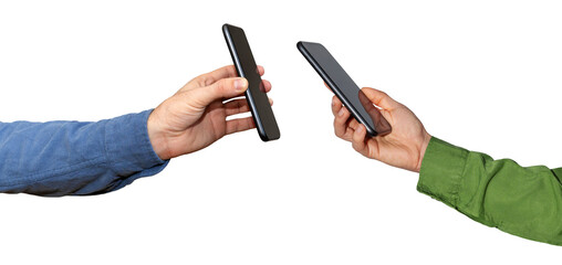 Mobile phone payment technology. Scanning QR code on screen of smart phone. Isolated mobile phones in hands. 