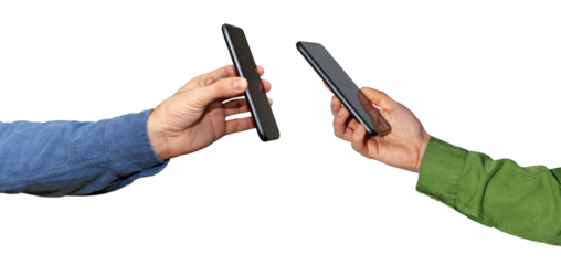 Mobile phone payment technology. Scanning QR code on screen of smart phone. Isolated mobile phones in hands. 