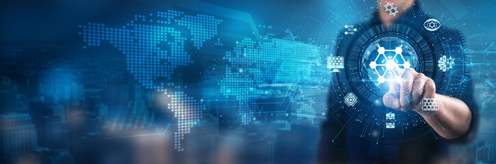 Businessman touching nanotechnology interface innovation research, smart materials, quantum computing applications solutions.