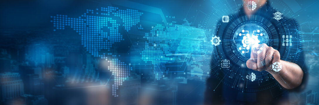 Businessman touching machine learning algorithms, predictive analytics models, data training techniques, automated decision-making processes, neural network architectures, pattern recognition systems.