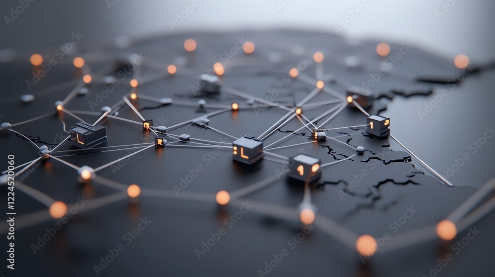 Poster futuristic digital network with glowing nodes and connections on a dark surface, representing global