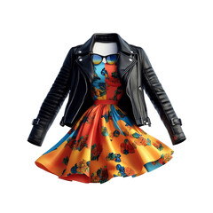 Obraz premium Stylish Floral Dress and Leather Jacket Ensemble